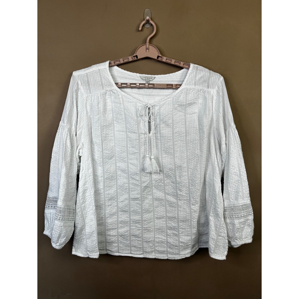 Lucky Brand White Textured Stripe Peasant Blouse 2X Plus Size Boho Tassel Top